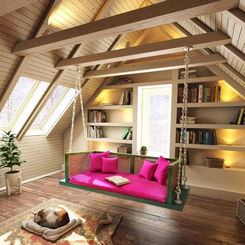 Hanging Daybed in a Book Lover's Attic